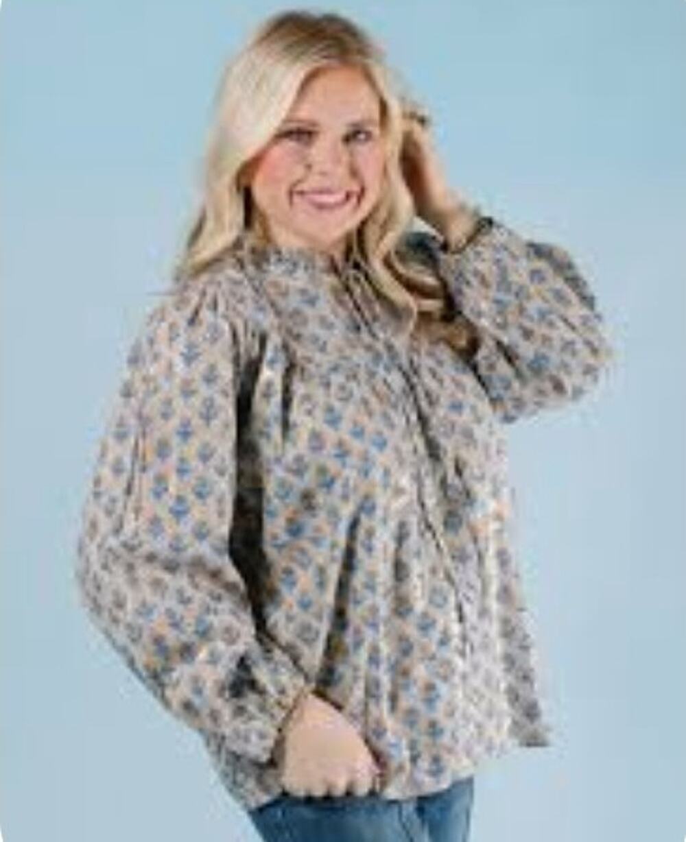 Clara The Label Cotton Block Print Beige Blouse M Ruffle Neck Lurex Gold Shimmer